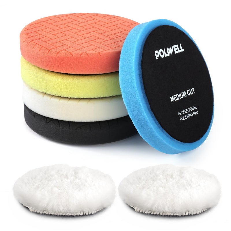 POLIWELL Buffing Polishing Pads 5 Inch, 7Pcs Buffing Sponge Pads Kit 5.5"" Face for 5"" Backing Plate, Compound Cutting Foam Pads, Wool Pad for Car Buffer Polisher, Compounding Polishing and Waxing - Image 1